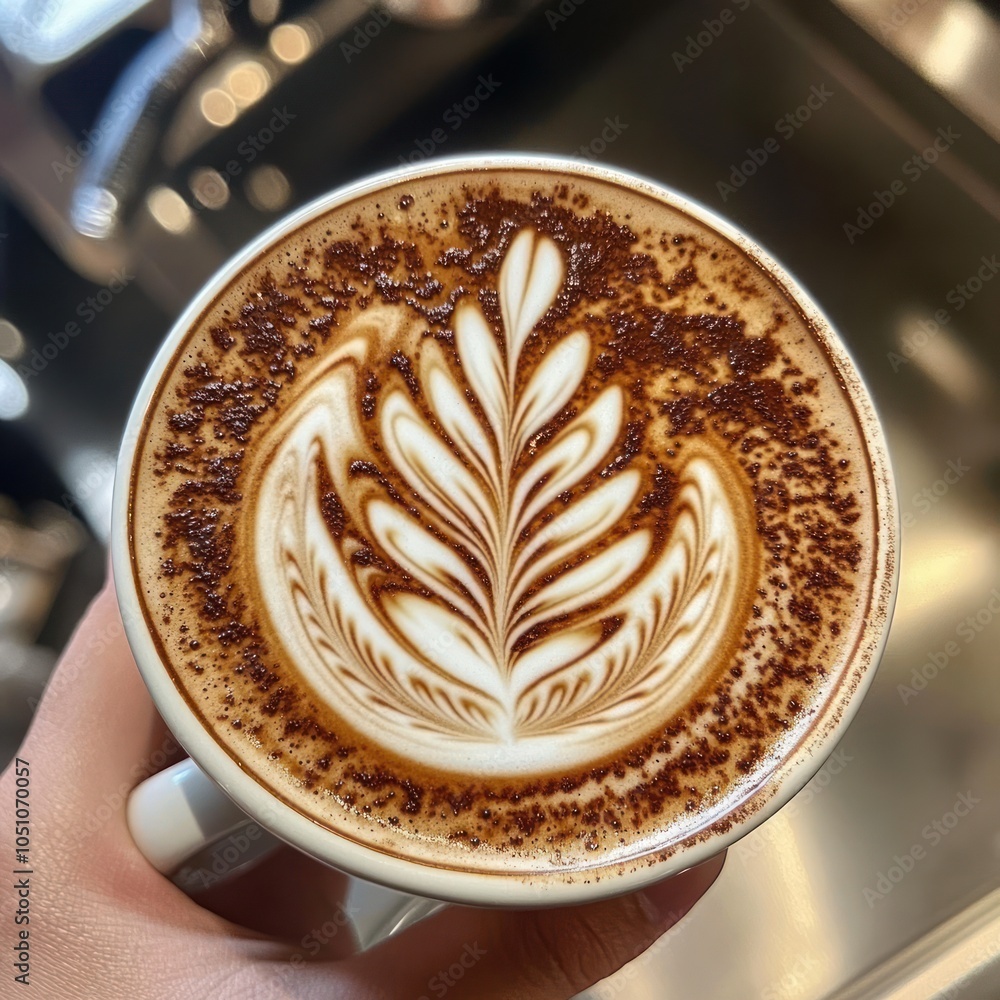 Poster a perfectly crafted latte art design with a leaf pattern, a sprinkle of cinnamon, and a hint of foam