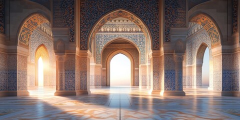 Sunlit mosque interior with ornate arches.