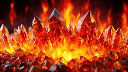 Vibrant red and orange crystal formation resembling molten lava and blazing flames reflected background