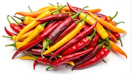 Vibrant red and yellow chili peppers on white background