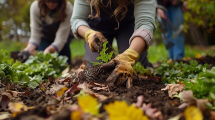 Fototapeta premium Planting a Garden Hands in Soil Autumn Leaves Gardening Nature Growth