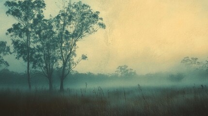 Misty Morning Landscape: Tranquil Field with Trees