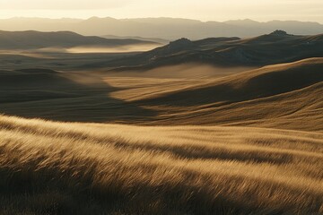 Golden Grass Fields with Rolling Hills Under a Sunset Sky