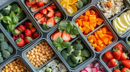 Healthy Meal Prep Containers with Fresh Fruits  Vegetables and Grains