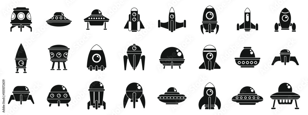 Aufkleber alien cosmic starship icons set. set of simple spaceship and rocket icons representing space explora