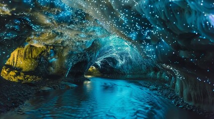 Glowworm Cave with River and Blue Lights