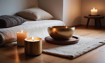 Meditation setup with a singing bowl, lit candles, and wooden bowls on a soft fabric cloth