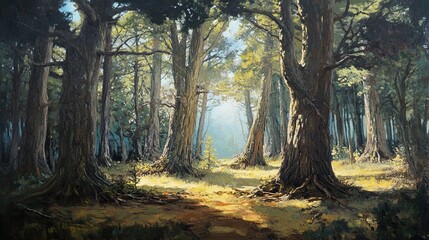 Fototapeta premium Sunlit Forest Path: A Tranquil Woodland Scene