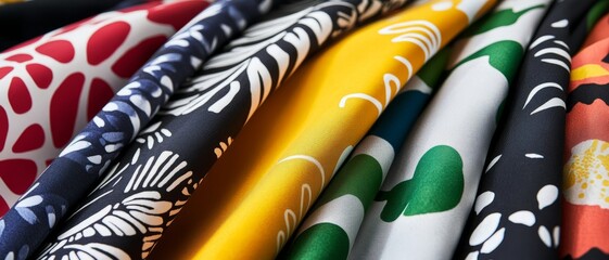 Colourful samples of fabric designed in contemporary flair.  Dressmaker, textile design, tread factory, fashion industry. 