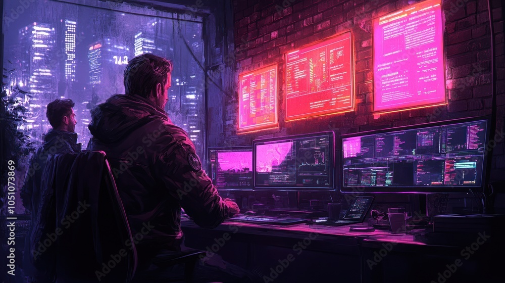 Poster two men working on computers in a neon-lit room with a city view