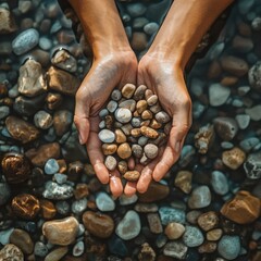 Hands cupped full of smooth, colorful river stones in clear water.