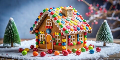 Obraz premium Gingerbread house decorated with colorful candies, gingerbread, house, candy, colorful, sweets, holiday, festive, icing