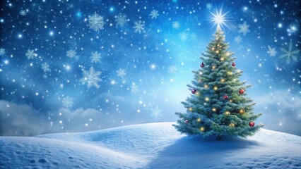 Obraz premium Christmas tree on snowy hill with snowflakes , winter, holiday, festive, decoration, simple, minimalistic, design, tree, graphic