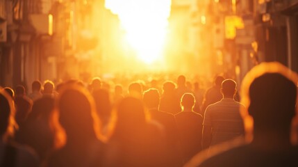 People walk along a lively street, illuminated by the warm sunlight of the approaching evening, creating a vibrant urban atmosphere
