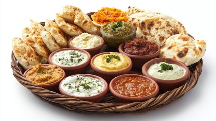 Mezze Platter with Dips and Bread on White Background