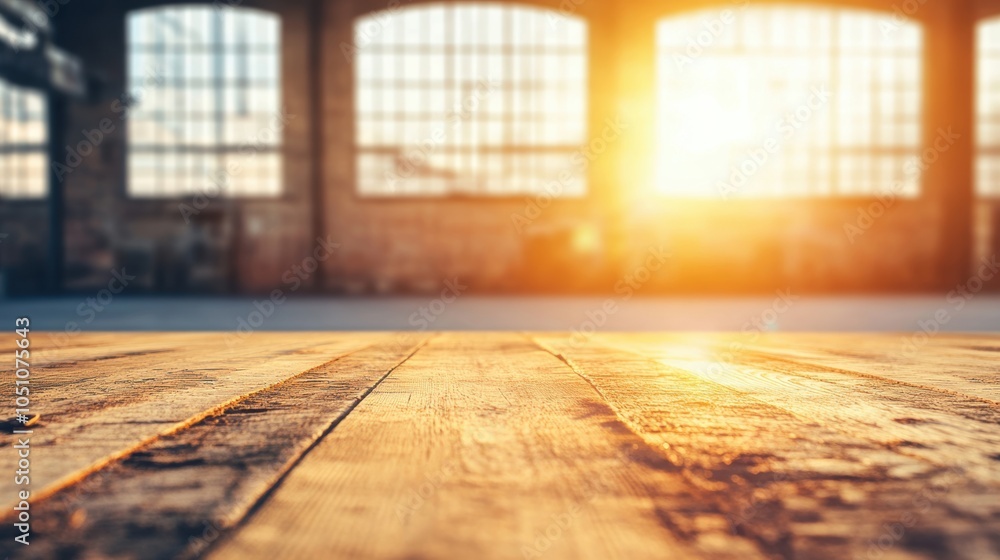 Poster warm sunlight streams through large windows, illuminating an empty wooden table set within a spaciou