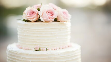 A stunning two-tiered wedding cake features exquisite pink roses, ready to be served at a lovely outdoor celebration