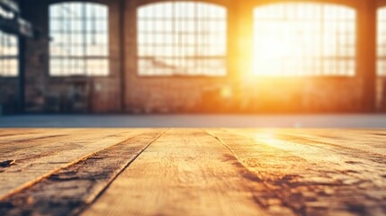 Warm sunlight streams through large windows, illuminating an empty wooden table set within a spacious industrial warehouse