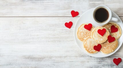 Enjoying heart-shaped pancakes adorned with red decorations alongside a warm cup of coffee for a perfect breakfast
