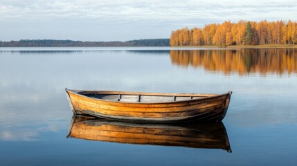 Obraz premium A wooden rowboat floats on a serene lake, reflecting vibrant autumn trees in the calm water during early morning light