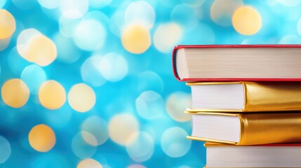 A carefully arranged stack of colorful books sits on a table, complemented by a dreamy blue backdrop filled with soft bokeh lights