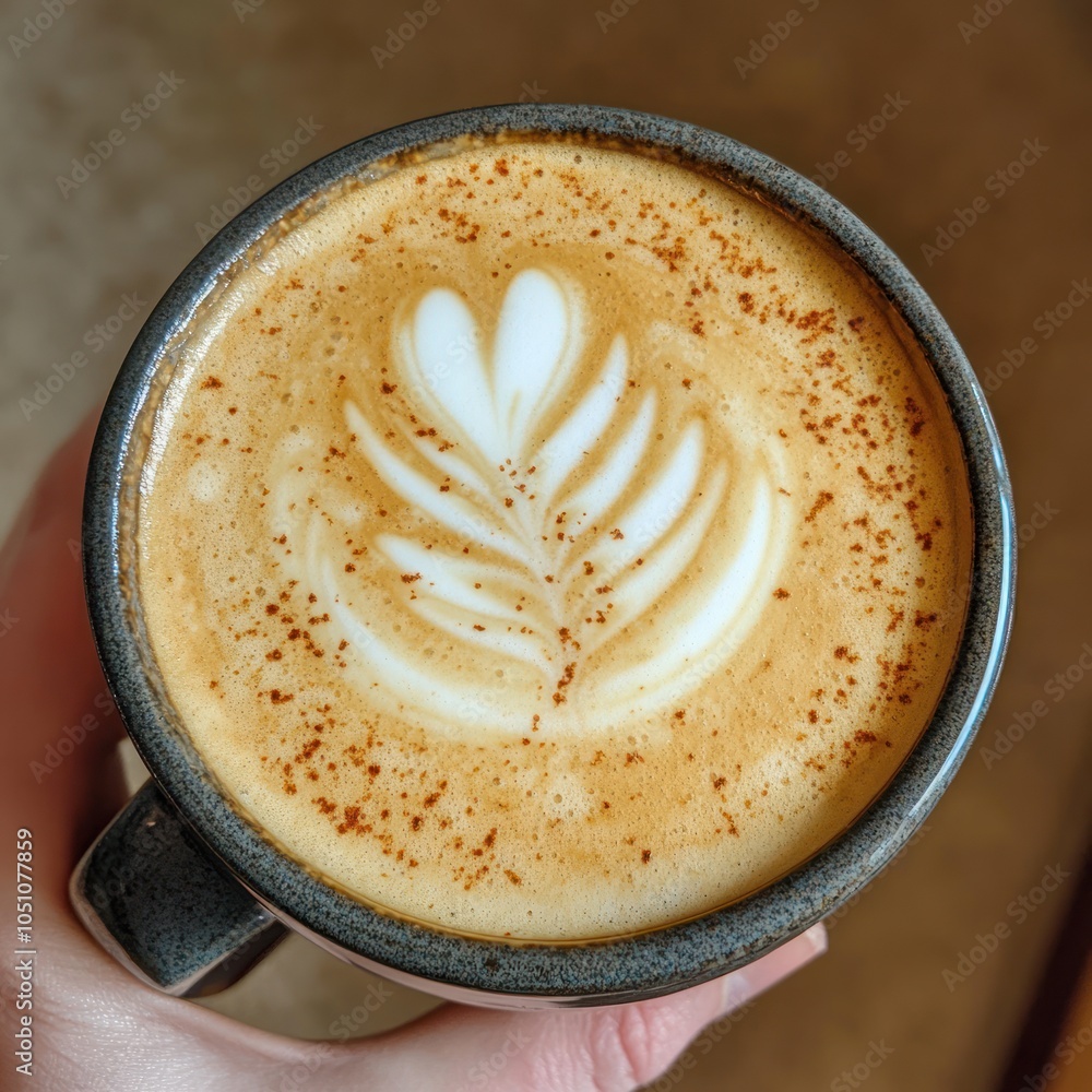Poster close-up of a latte with a leaf design and cinnamon sprinkled on top.