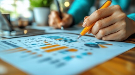 Close-up of a Hand Holding a Yellow Pen Pointing at a Graph on Paper