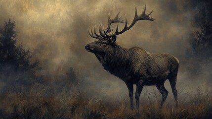 Obraz premium Majestic Elk in a Misty Forest - Wildlife Painting