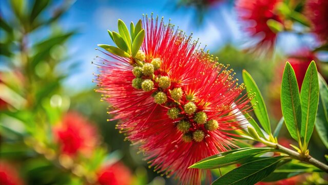 Vibrant red tropical background featuring blooming Callistemon viminalis flower