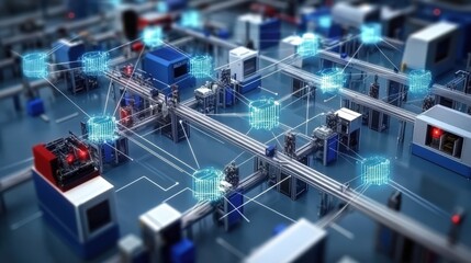 A computer generated image of a factory floor with many blue and red objects