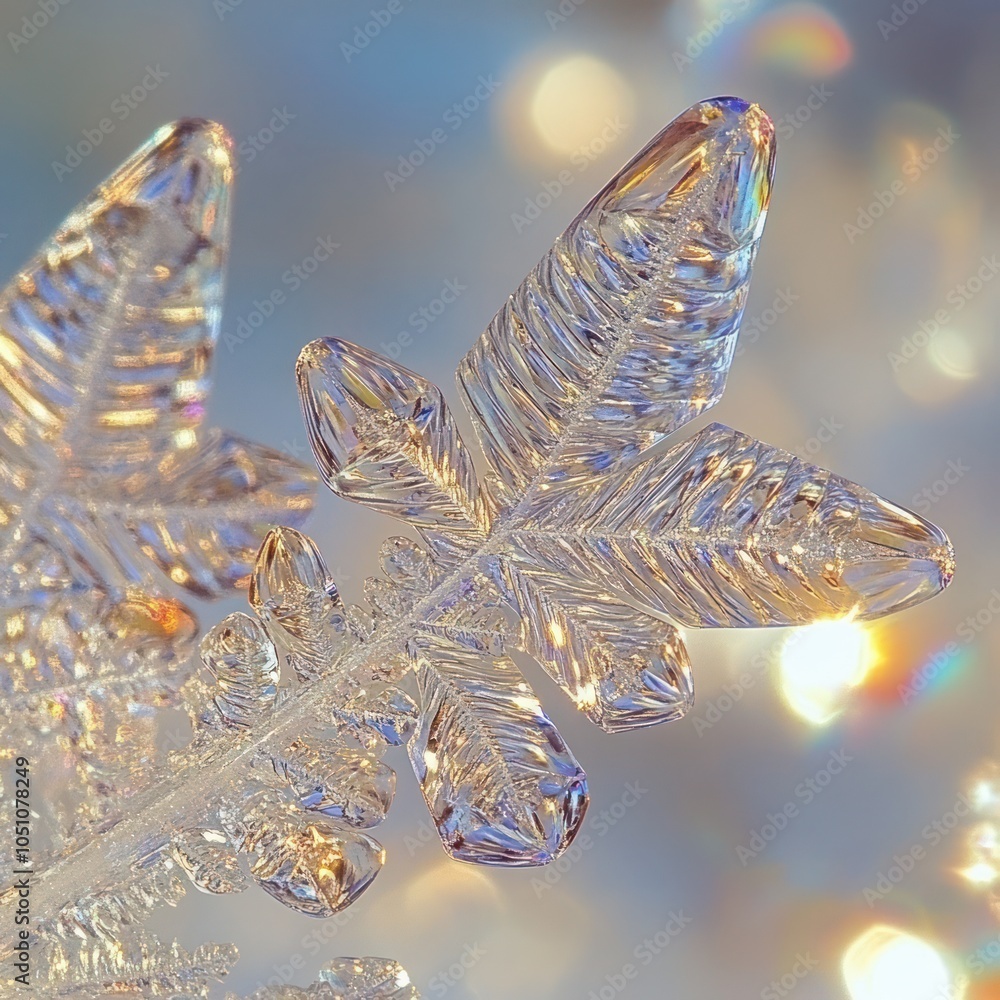 Aufkleber a delicate snowflake, showcasing its intricate patterns against a soft blue background with bokeh li