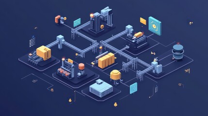 A computer generated image of a factory with many different machines and pipes