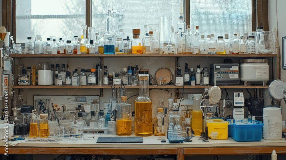 Poster a lab bench filled with glass bottles and containers