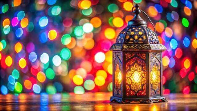 Colorful Arabic lantern shining in festive holiday ambiance with vibrant bokeh background, Arabic, lantern, colorful