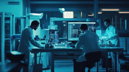 Obraz premium Three scientists are working on a computer in a lab