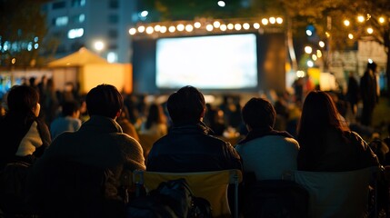Back View of Crowd Watching an Outdoor Movie