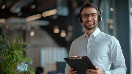 A customer service representative holding a clipboard, standing confidently in a sleek office, with a headset and blank space for commercial text overlay, for leadership or reliability promotions
