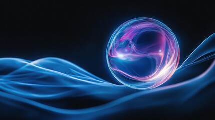 Abstract sphere with glowing light and a wave of smoke on a black background.
