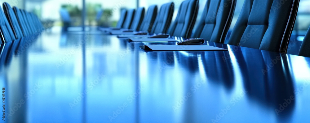 Wall mural a blue conference table with a number of black chairs and a number of papers on it. the table is emp