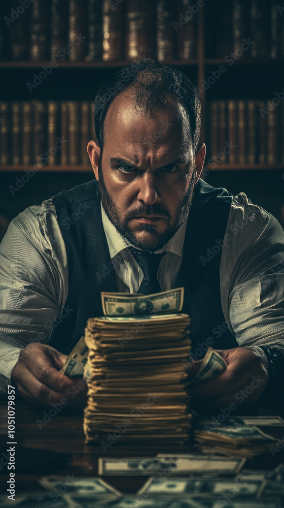 Poster a man is sitting at a table with stacks of money in front of him. he looks angry and is holding a st