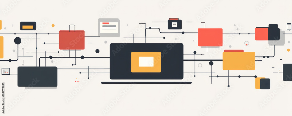 Poster a computer monitor with a yellow screen displaying a bunch of icons. the icons are all different sha