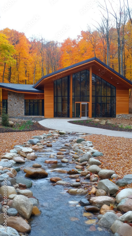 Poster a house with a stone walkway leading to it. the walkway is lined with rocks and has a small stream r
