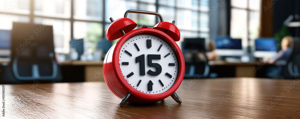 Poster a red alarm clock with the time 15 on it. the clock is on a wooden table. the room is filled with pe