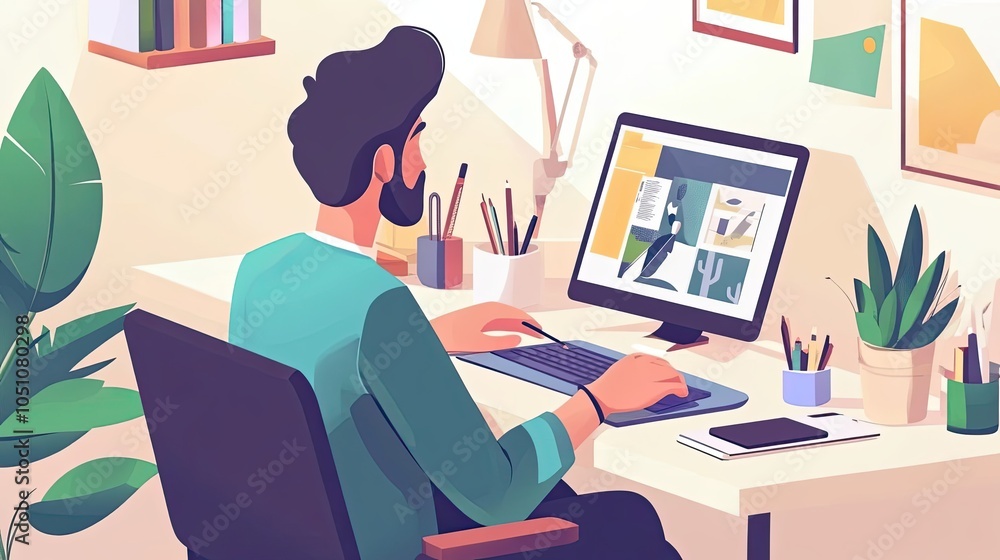 Poster a man working on a computer in an office