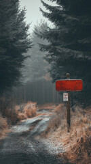 A red sign is on a wooden post in a forest. The forest is wet and the trees are tall