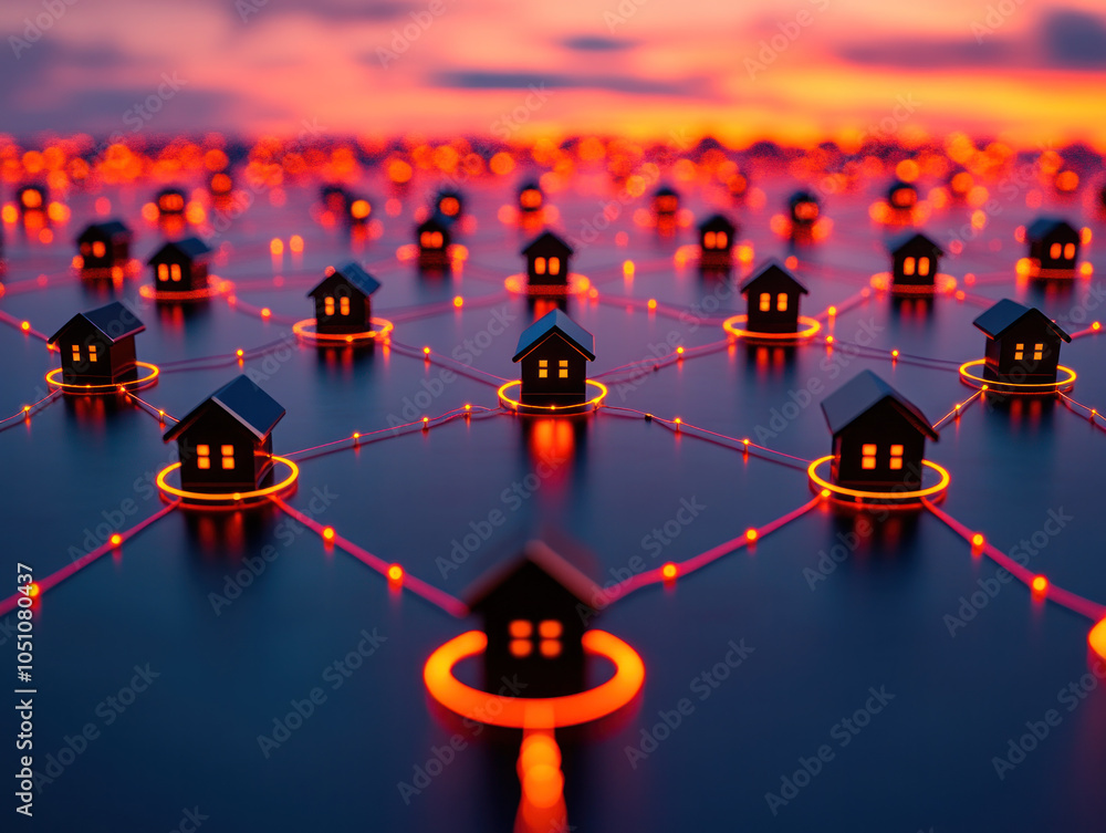 Poster a network of houses is lit up in the dark. the houses are connected to each other and are lit up in 