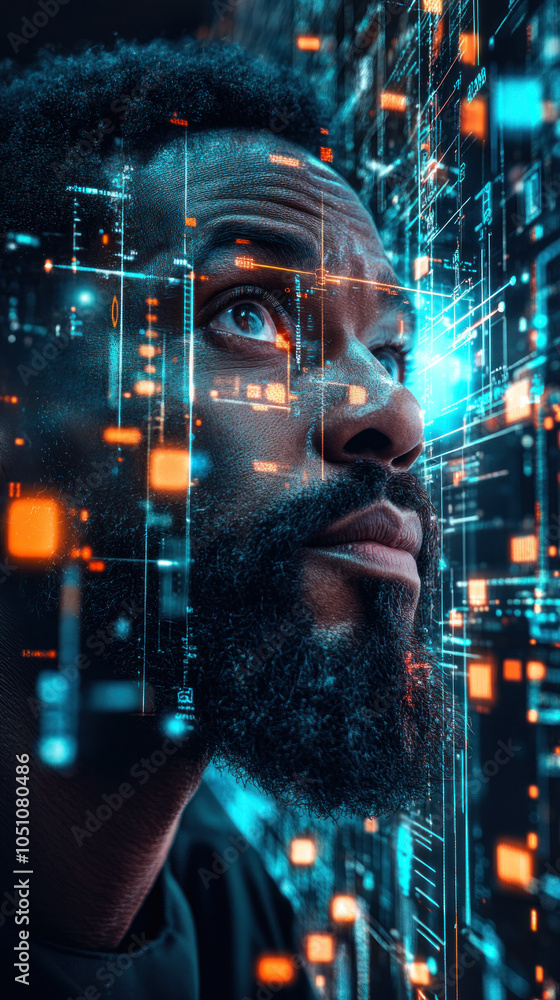 Poster a man with a beard looking at a computer screen with a blue background. the image has a futuristic a