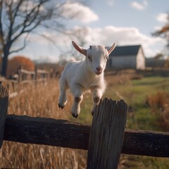 A small white goat leaps over a wooden fence on a sunny day.