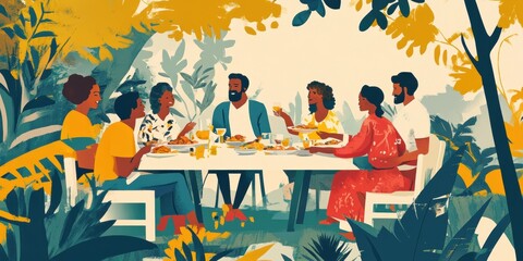 Group of people enjoying meal outdoors.