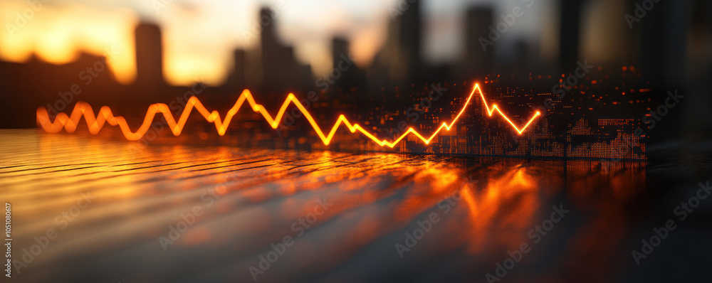 Aufkleber a city skyline with a line of orange and red lines that look like a graph. the image has a mood of e